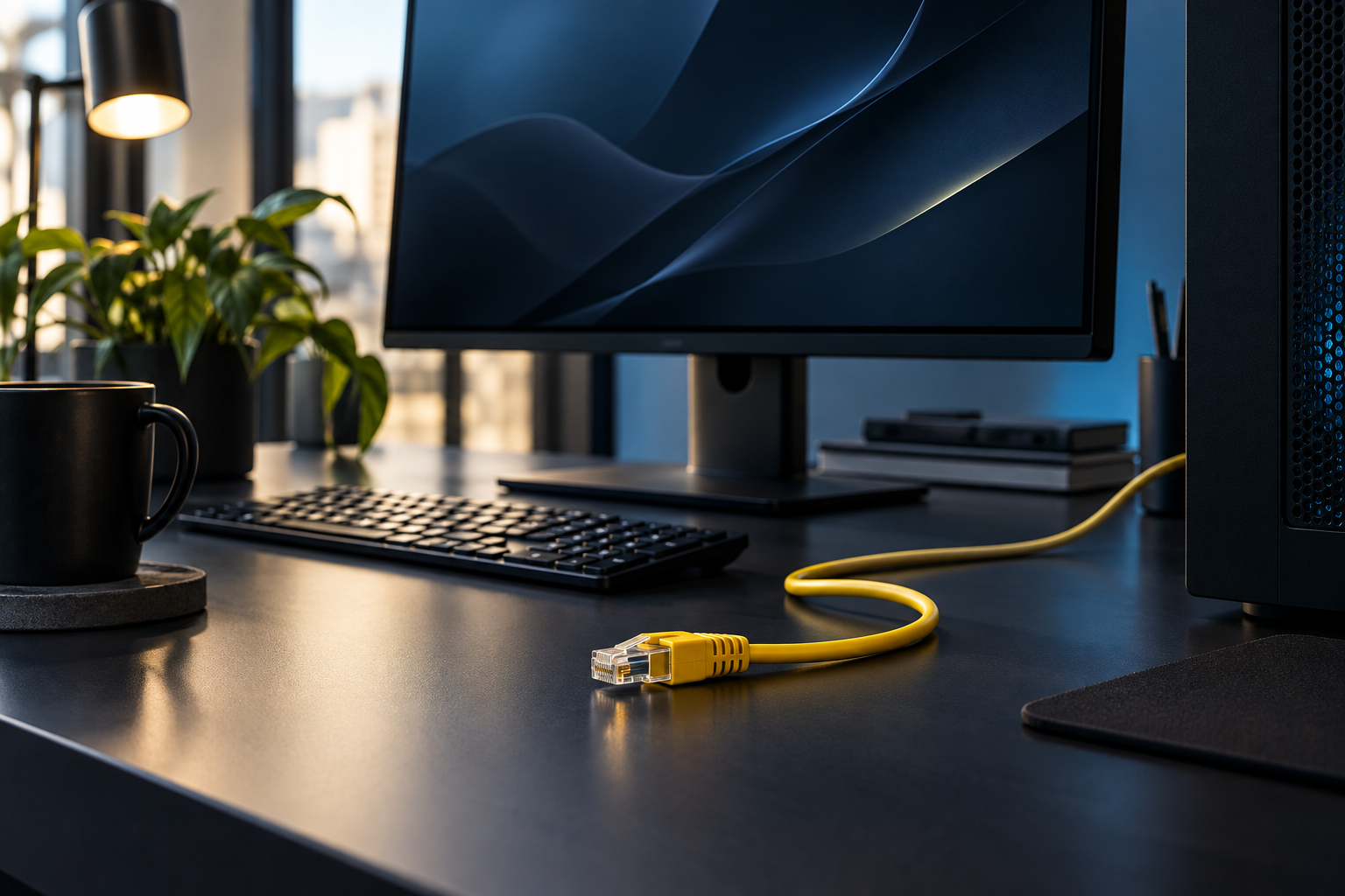 A neatly arranged computer workstation with a yellow network cable